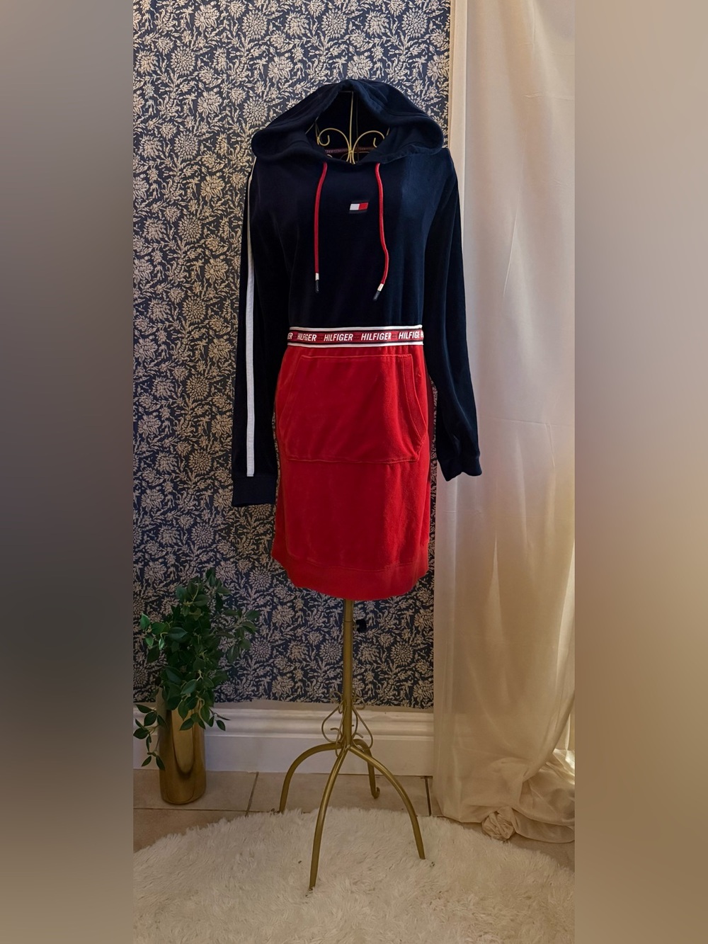 Tommy Hilfiger Navy & Red Hooded Sweatshirt Dress | Size L
